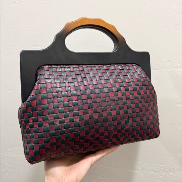 Colorblock Woven Cowhide Handmade Wooden Frame Top Handle Satchel, Crossbody Bag - Picture 4 of 16